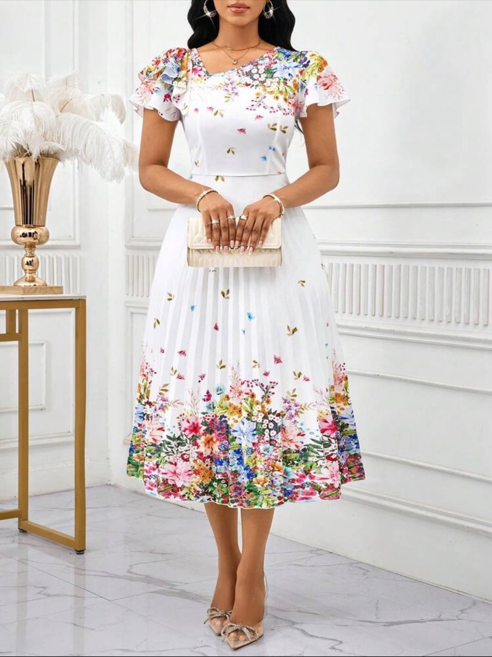 Women’s White Floral Pleated Midi Skirt